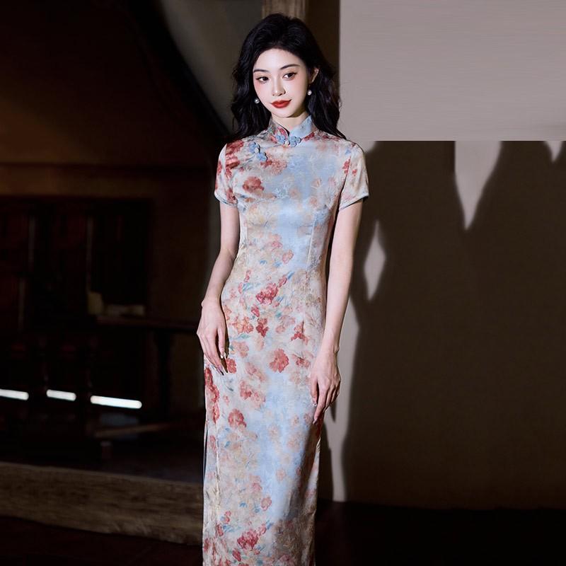 Vintage-Inspired Chinese Qipao Dress Women Short Sleeve Slim Fit Long Cheongsam In Acetate-Like Fabric 2025