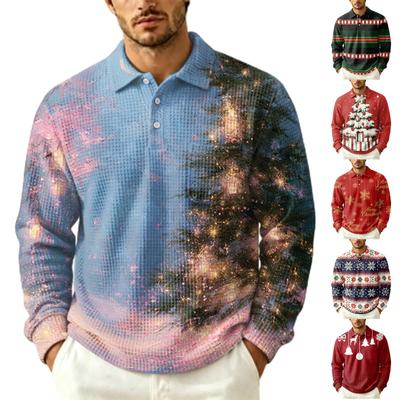Men's Fall Casual Outdoor Pullover, Long Sleeve Collared Top with Pocket and Christmas Print