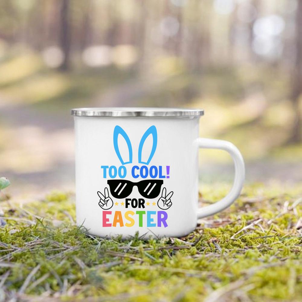 Cute Bunny Egg Print Cups Happy Easter Enamel Mugs Fall Easter Party Wine Juice Mug Dessert Cocoa Milk Handle Cup Gift for Child