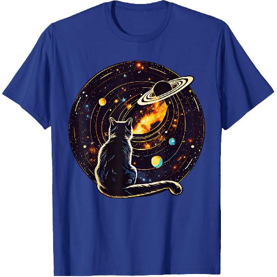Cat Dad, Lover T-Shirt: Cat Staring at Planet Saturn