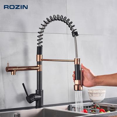 Rubinetto da Cucina Rozin Nero e Oro Rosa a Molla Estraibile Miscelatore Acqua Calda e Fredda Rubinetto a Cascata con Doppia Uscita Montaggio su Lavello