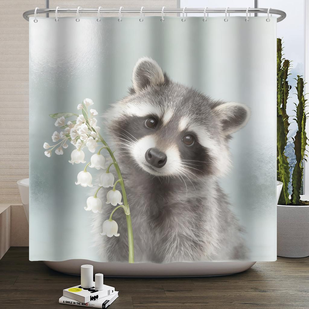 Jungle Animals Theme Bathroom Shower Curtain Deer Elephant Raccoon Decoration Waterproof Bathroom Polyester Curtain With Hooks