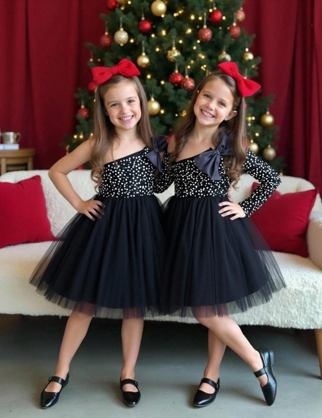 European & American Children's Elegant Sequin One-Shoulder Bow Princess Dress