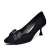 Pointed high heels spring new bow light mouth one pedal sheepskin fashion shoes black single shoes