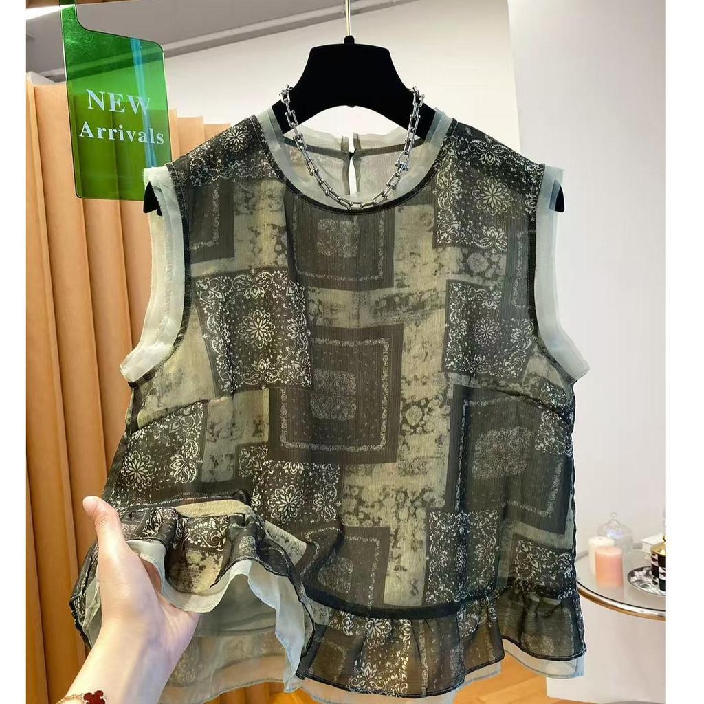 Retro Ethnic Style Sleeveless Chiffon Top Women's 1116 Summer New Loose Huge Good-looking Ruffle Edge Shirt Vest