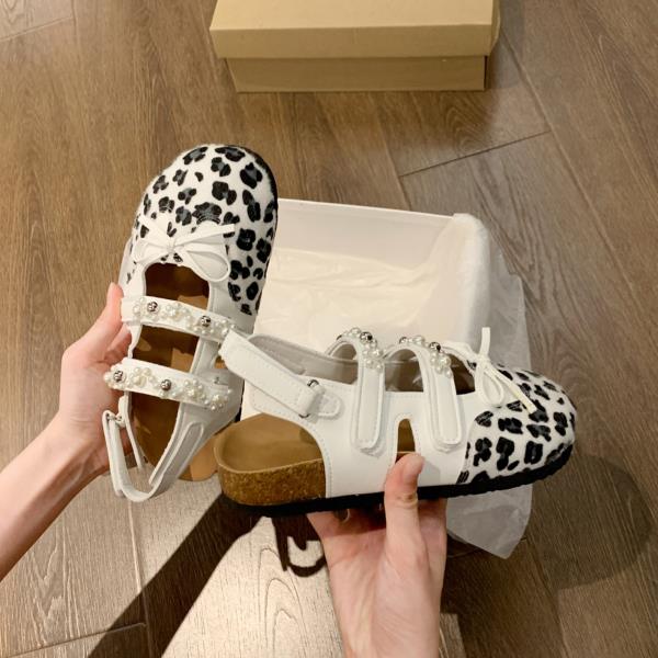 

Fashion Leopard Print Shoes Pearl Sandals Mary Jane All-Match 2025 Summer Women s Heels Bow Closed Girls Butterfly-knot Scandals leopard 35