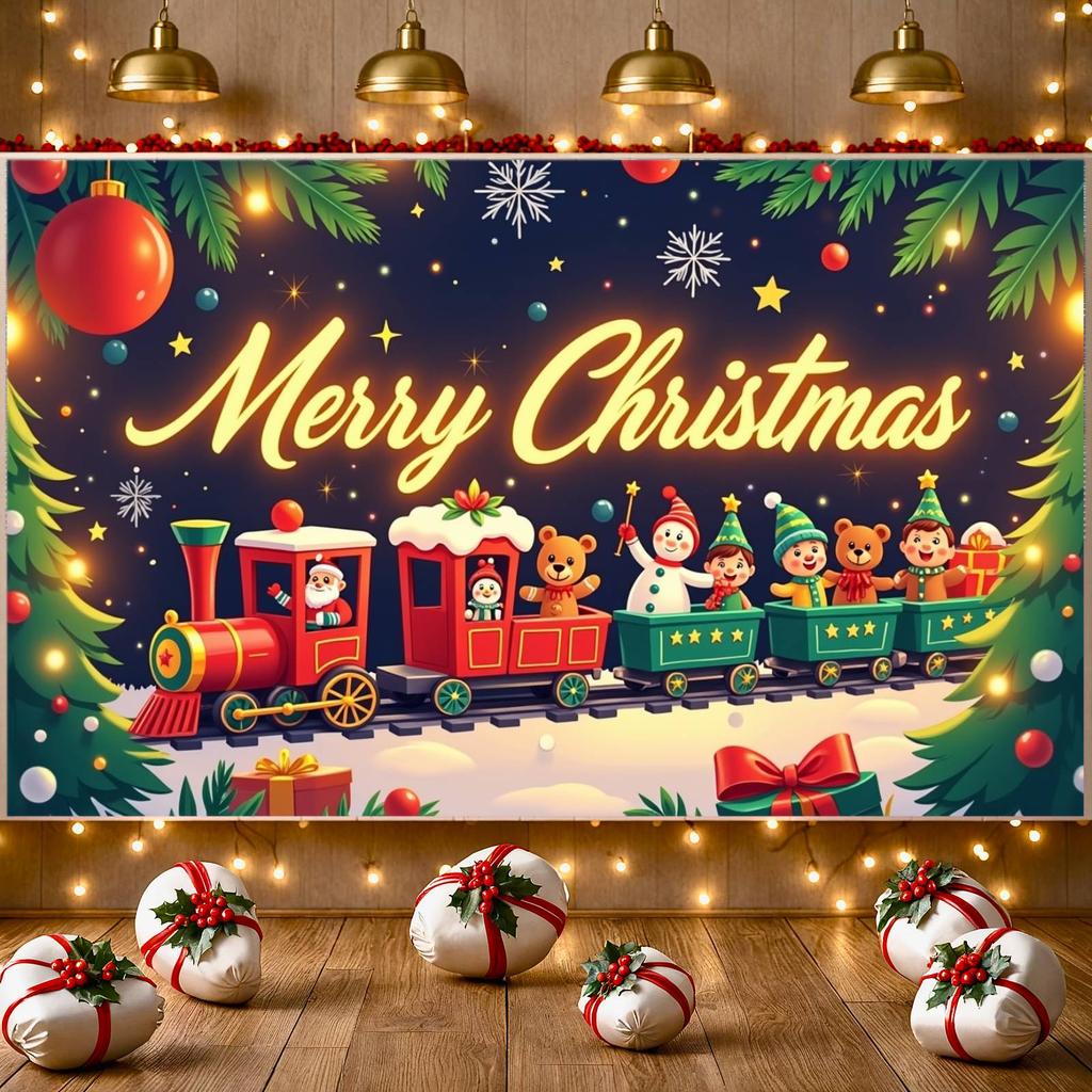 Holiday Banner Elf Character Christmas Train Banner Christmas Tree Banner Colorful Design For Holiday Celebration New Year