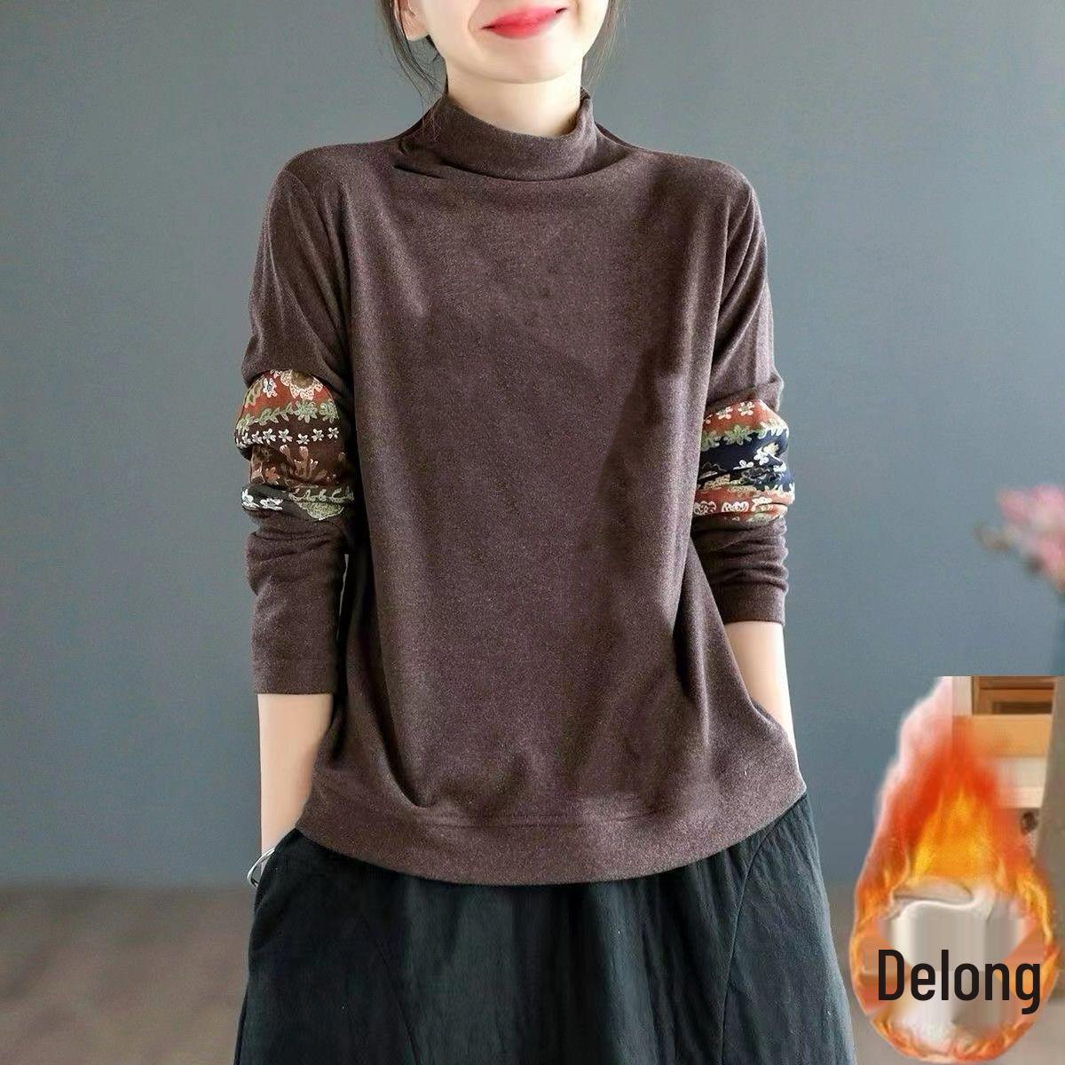 

Luxurious Double-Sided Velvet Retro Ethnic Print Top: Semi-High Collar, Long-Sleeved, Plus Velvet Warmth S (Recommended 75-85 jin)