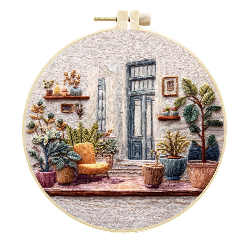 1 Set Cafe Garden Themed Embroidery Kit, Including Tools and Stitch Tutorials Suitable for Beginners, Embroidery Fabric Material Kit Cotton Linen