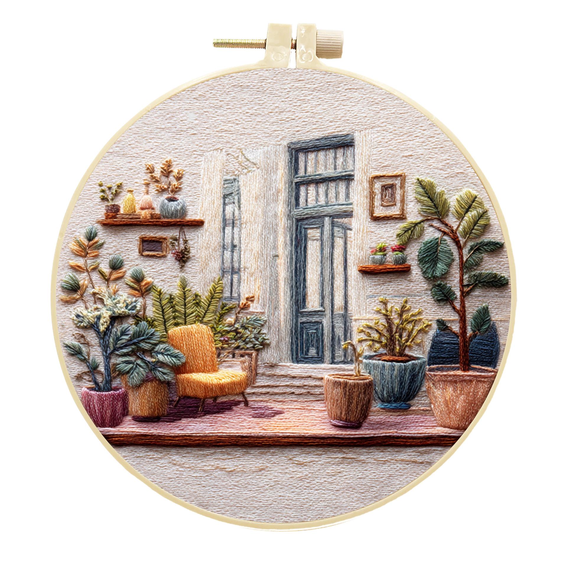 

1 набір вишивки на тему Кафе-сад, включаючи інструменти та посібники зі стібків, підходить для початківців, набір матеріалів для вишивки Тканина Бавовна Льон 20cm