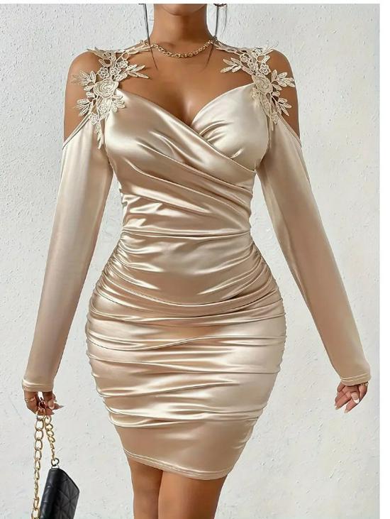 2025 Elegant Lace Satin Bodycon Dress with Pleated Skirt for Spring and Autumn