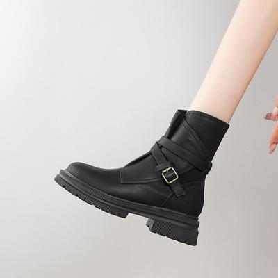 Fashion NEW Autumn Women Boots Round Toe Chunky Heel Shoes Split Leather Shoes for Women Zipper Platform Short Boots Belt Buckle Boots