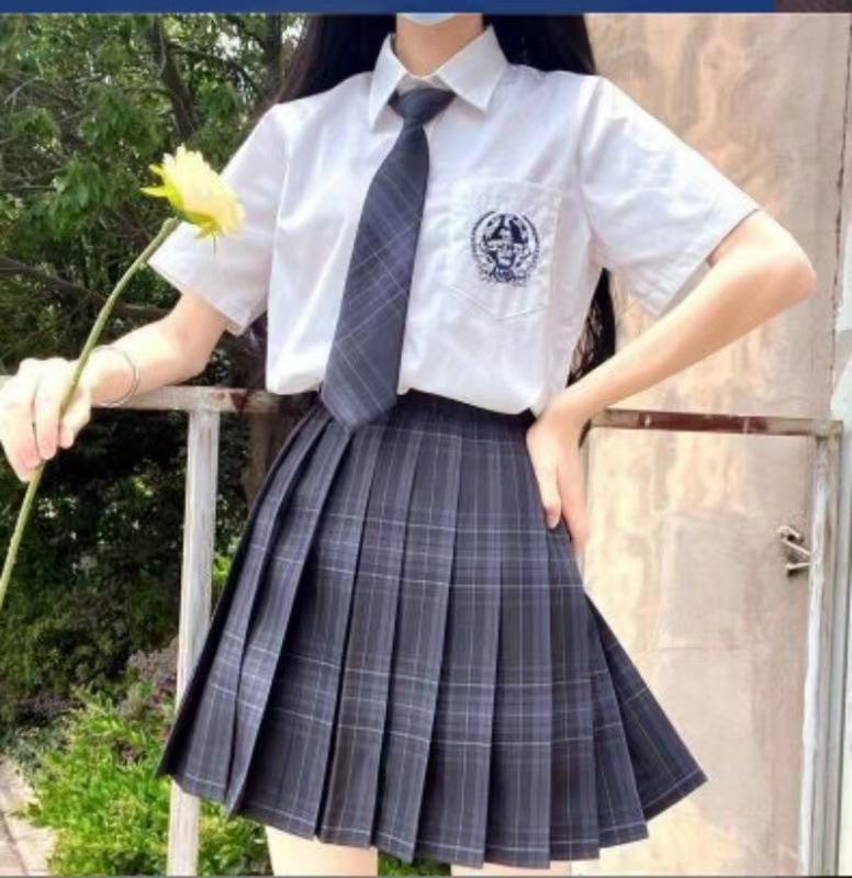 Japanese JK School Uniform Plaid Skirt Set - Women s Short Sleeve Pleated Skirt Large
