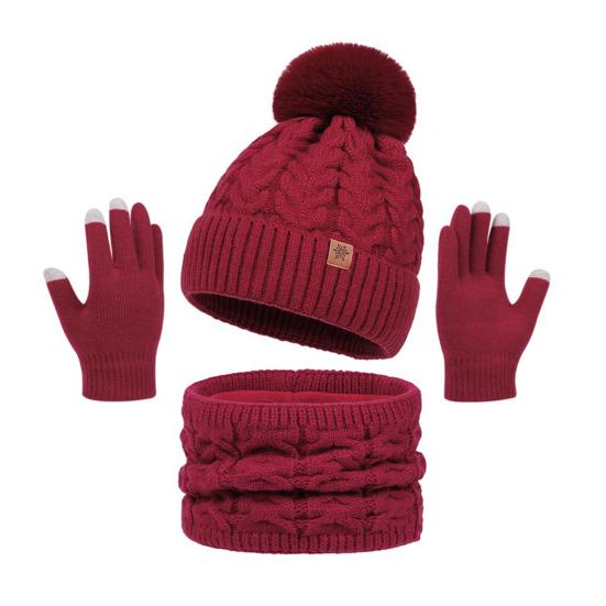3Pcs/Set Women Winter Hat Scarf Gloves Set Twist Texture Plush Ball Decor Brimless Hat Scarf Touchscreen Glove Set