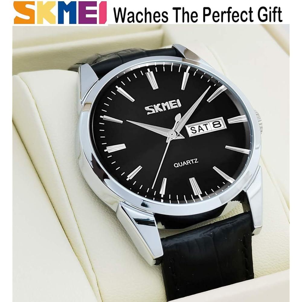 Men's Classic Analog Quartz Watch Black Waterproof Leather Band Lightweight Casual Date Display
