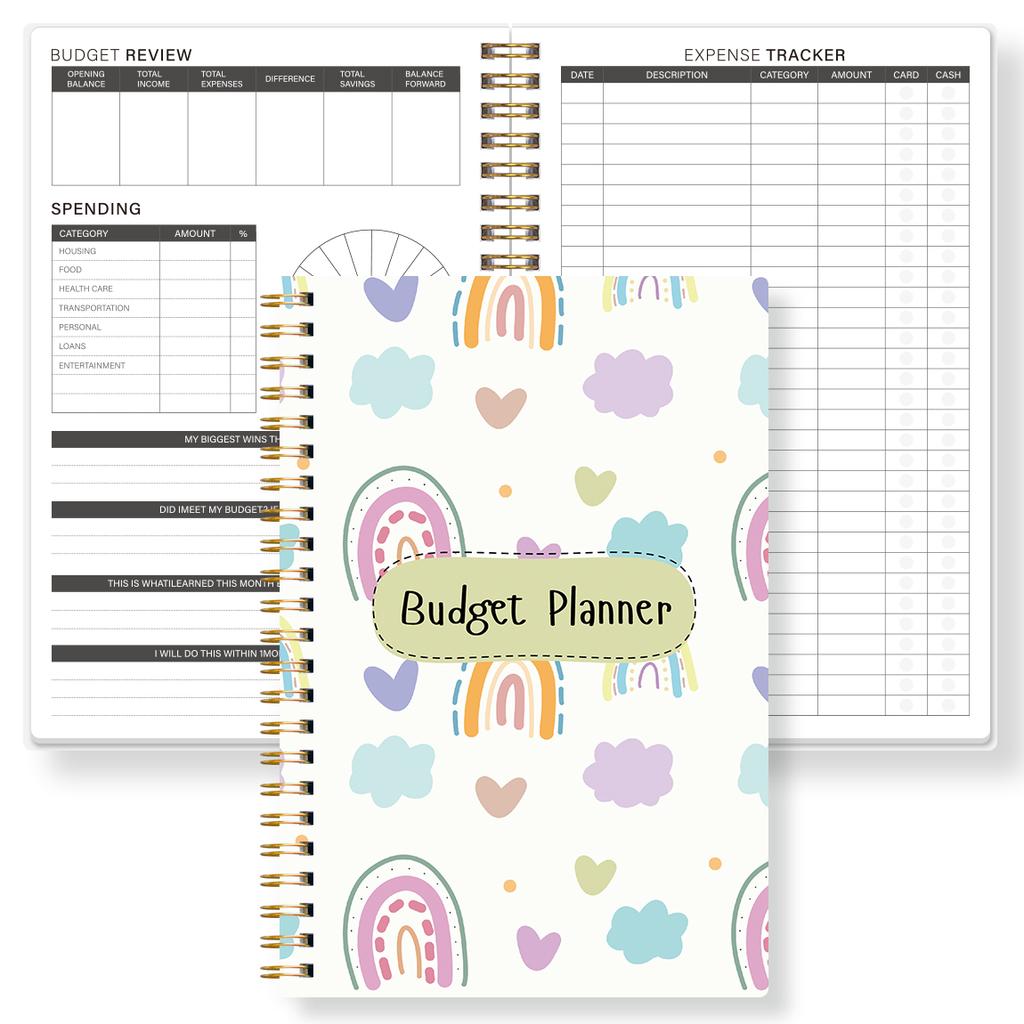 1PC A5 Budget Planner Book with Pastel Rainbow Design, Monthly Expense Tracker, Spiral Binding, Thick No-Bleed Pages