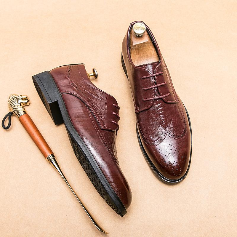 Men's Business Dress Pointed Leather Shoes Brock Flower British Red Lace-up Wedding New Leather Shoes