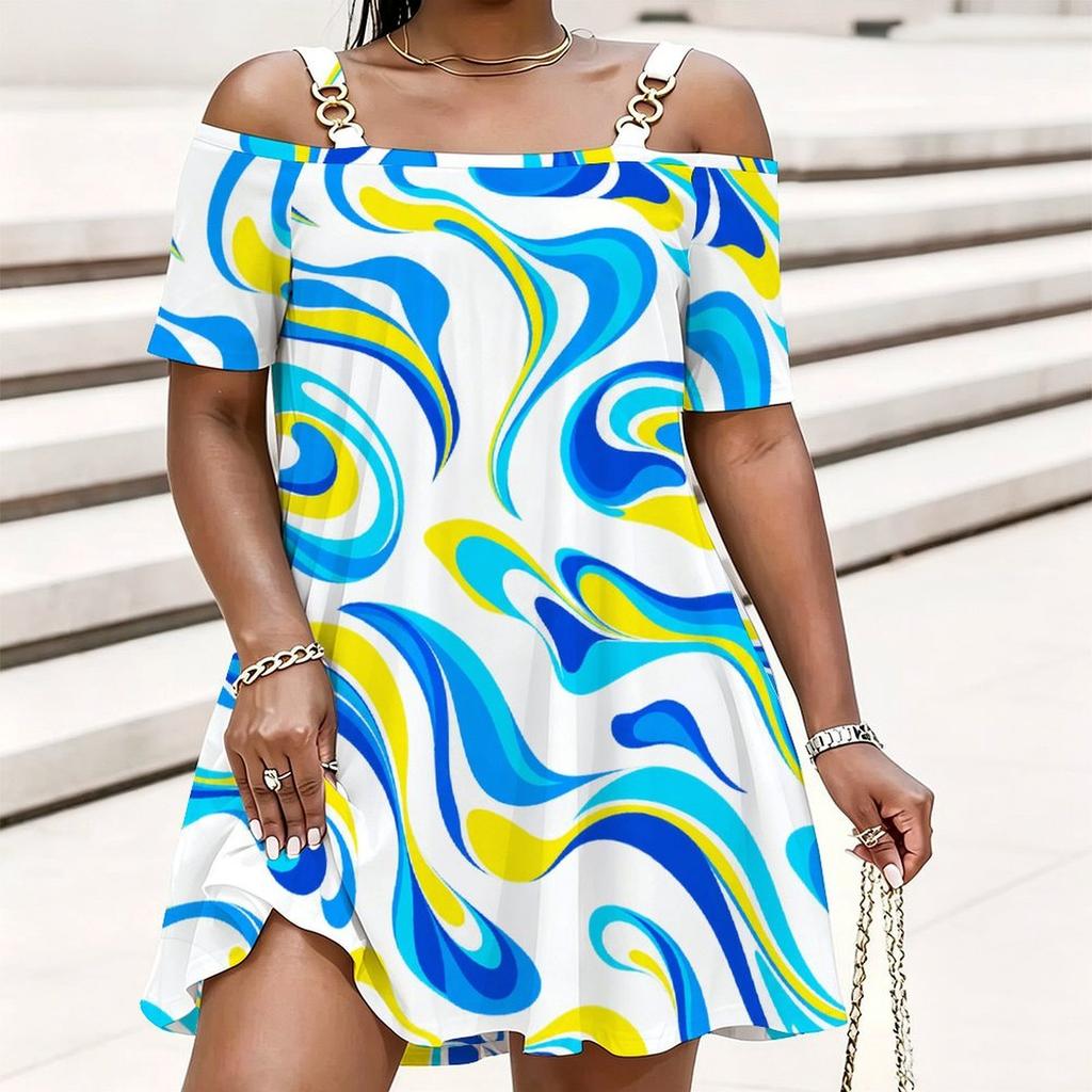 Women Plus Size Cold Shoulder Chain Strap Short Sleeve Printed Loose Dress Pink Purple White
