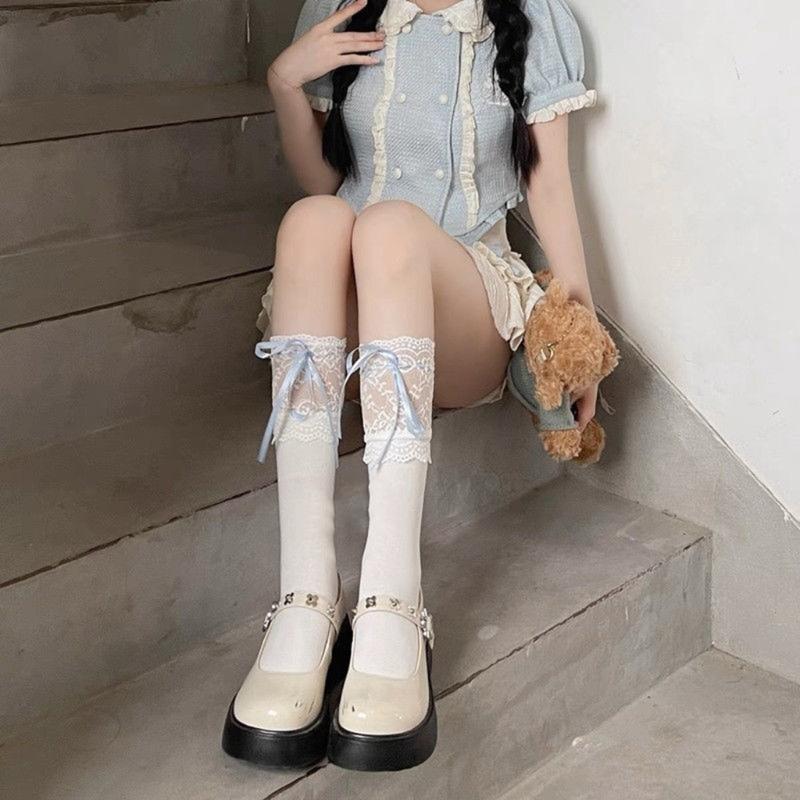 Women Ballets Style Bows Over Knee Socks Stockings Lace Frilly Thigh Highs Socks Student Girls Lace Top Long Stockings