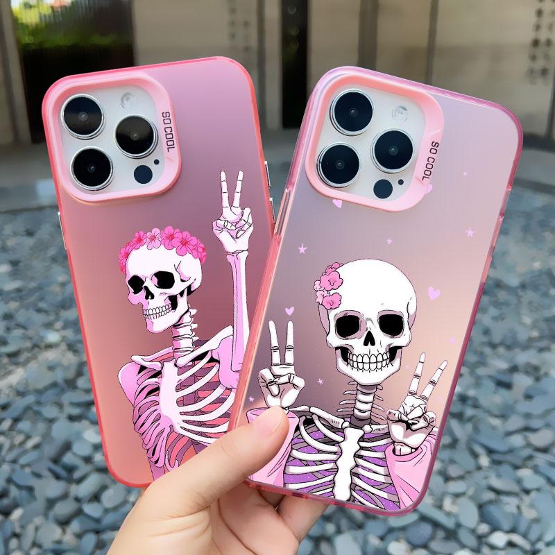 Fashion Pink Skeleton Ghost Laser Phone Case for iPhone 16 12 13 Mini 11 Pro Max 14 15 Pro Max 16 15 14 Plus Shockproof Covers