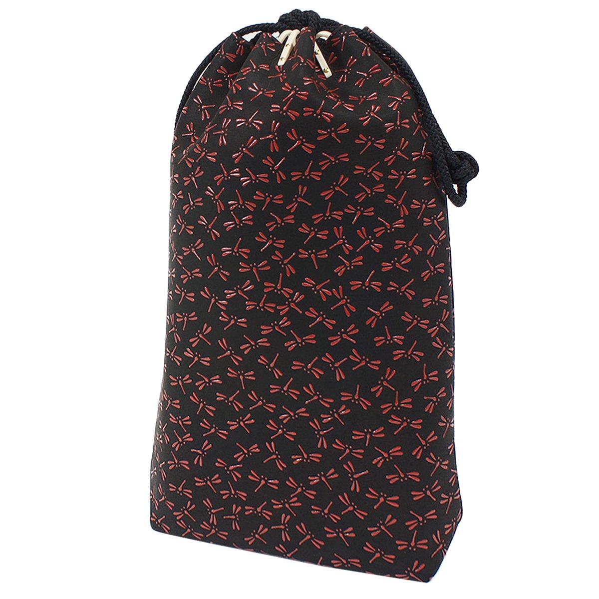 

[Inden-ya] Сумка-мешок на завязках с боковыми вставками, Кожа оленя, Черная с красным лаком, Узор «Стрекоза», 3005-21-008