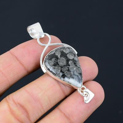 Sterling Silver Pear Natural Black Fossil Coral Handmade Birthday Mother Pendant