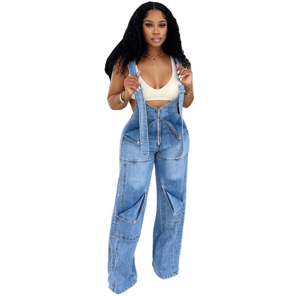 Women's European & American Denim Overalls - Summer Casual Zipper Washed One-piece Long Pants