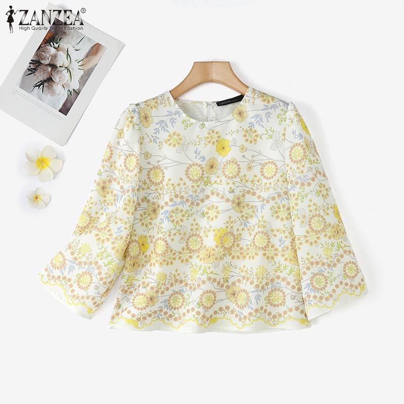ZANZEA Blusa Casual de Mujer con Cuello Redondo y Manga 3/4 con Estampado Floral