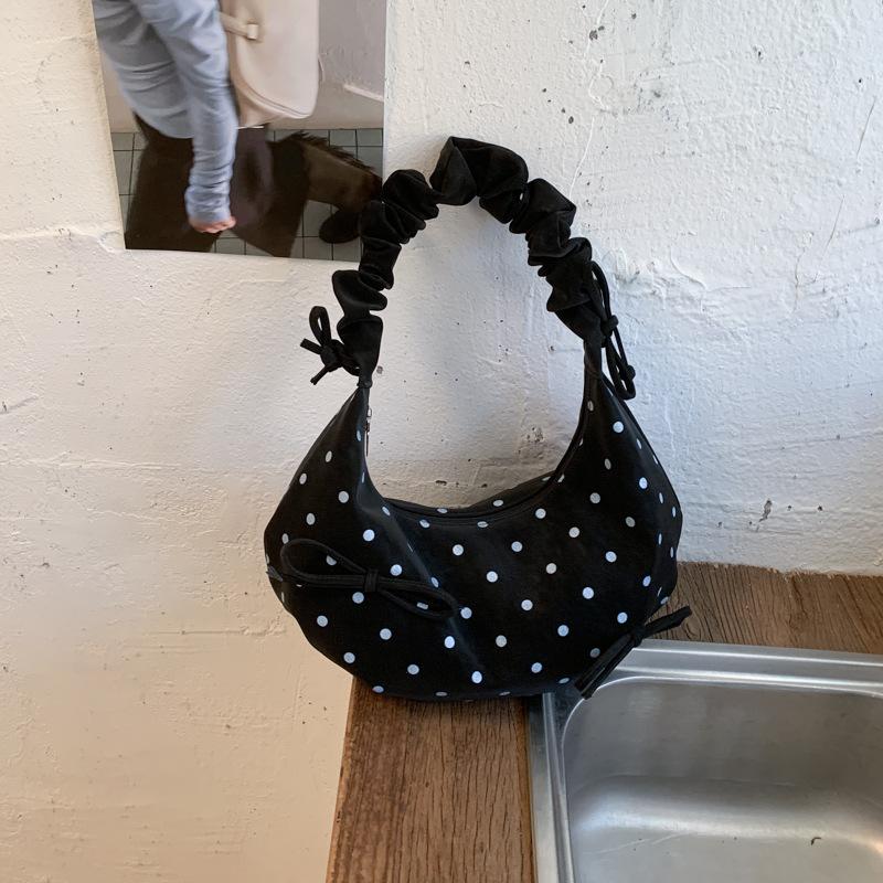 Small-scale Pleated Bow Handbag for Commuting, Single-shoulder Bag, Fashionable Polka Dot Crossbody Bag