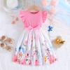 Girls' Butterfly Print Color Block Sleeveless Ruffle Dress with Belt