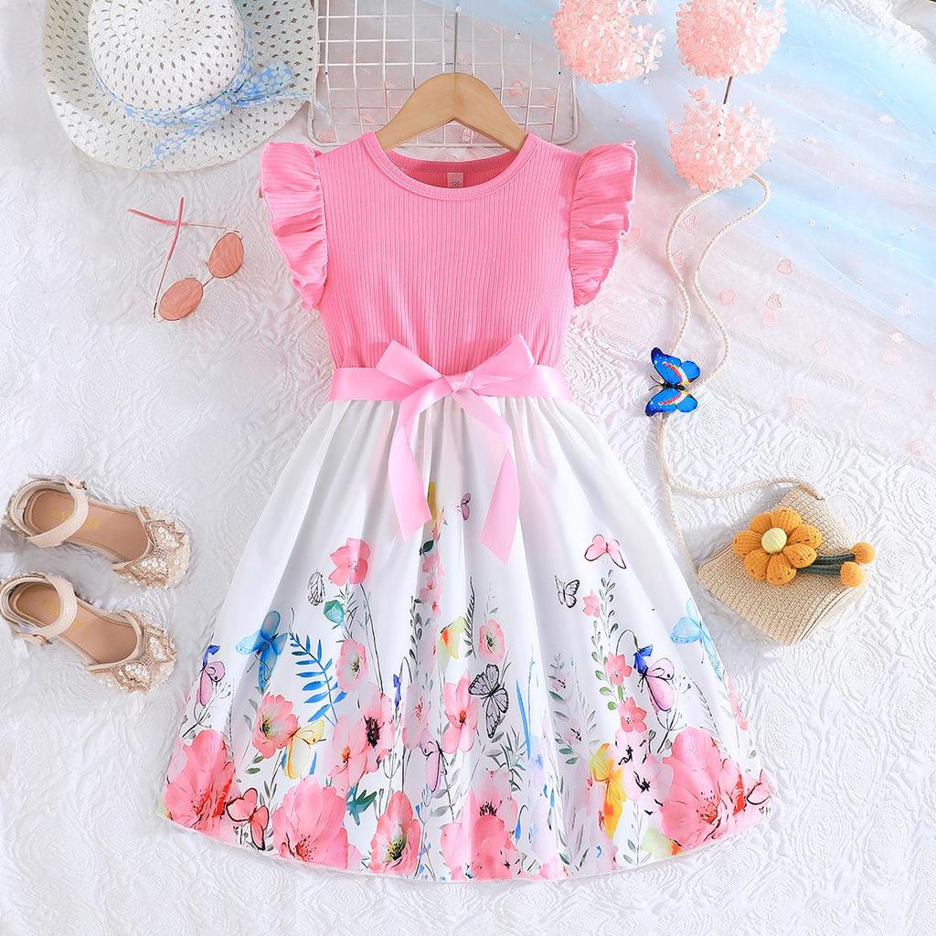 Girls' Butterfly Print Color Block Sleeveless Ruffle Dress with Belt