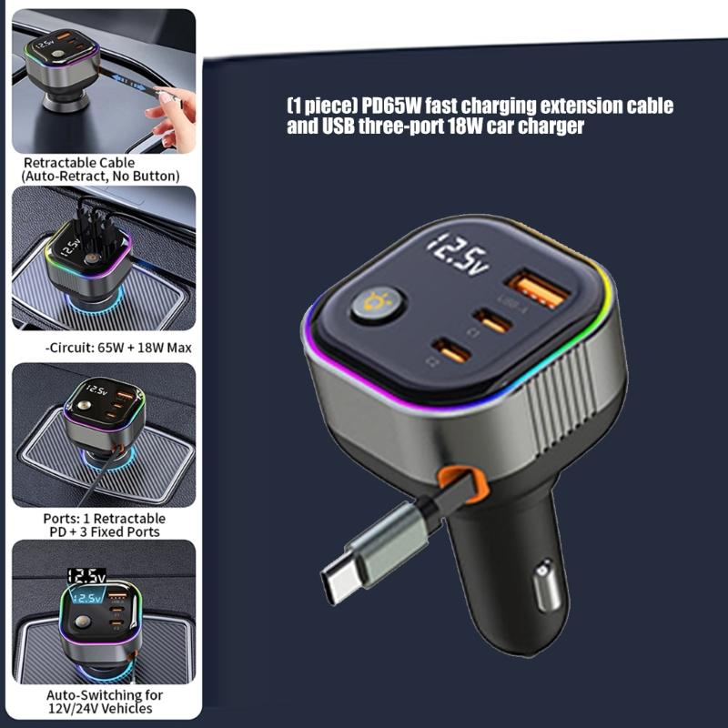 High Power Car Charger PD65W Retractable USB C Cable with 18W USB A /Type C Port Voltages Display Intelligent Protections