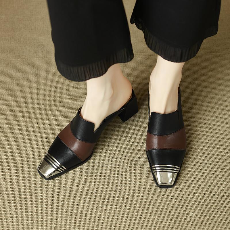 Fashion 2025 New Ladies Genuine Leather Metal Head Mules Fashion Med Chunky Heels Summer Wedges Slippers Women Casual Office Shoes Woman