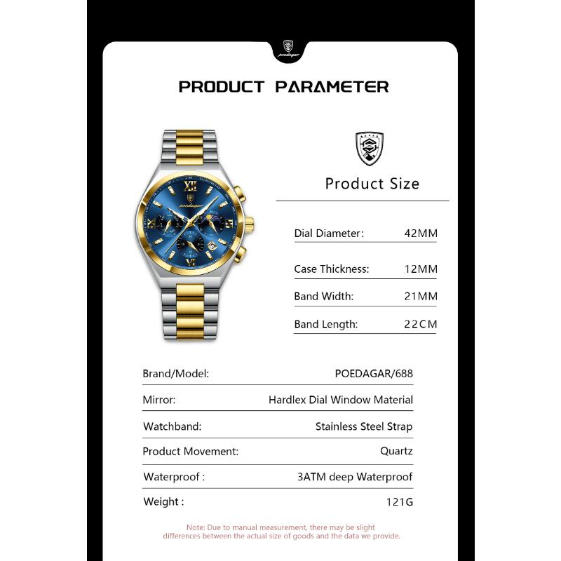 POEDAGAR Original Sport Man Wristwatch Luminous Week Date Luxury Watch For Men Stainless Steel Quartz Men's Watches