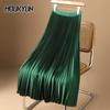 Summer Women Midi Pleated Skirts Elastic High Waist Satin Plain Skirt