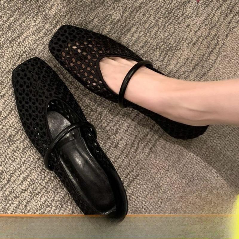 New Square Toe Hollow-out Woven One-Strap Versatile Soft Slip Single Shoes Women's Soft Sole Non-Slip Flats