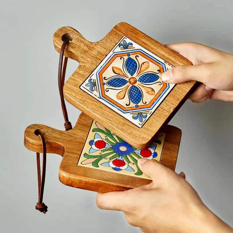 Japanese Solid Wood Floral Tile Heat-Resistant Kitchen Mat - Insulated Pot Holder, Retro Placemat, Casserole Mat, Coaster