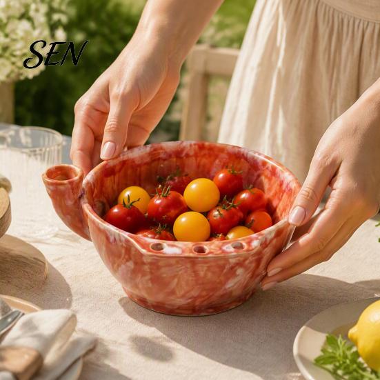 Decorative Fruit Display Dish Ceramic Berry Bowl, Self Rinsing with Drainage Hole Washing Flower Shaped Basket Glazed Bowl for Kitchen Countertop