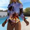 Women Long Sleeve One Piece Swimsuit Zip Front  Island Coconut Tree Print Rash Guard Surfing Bathing Suit