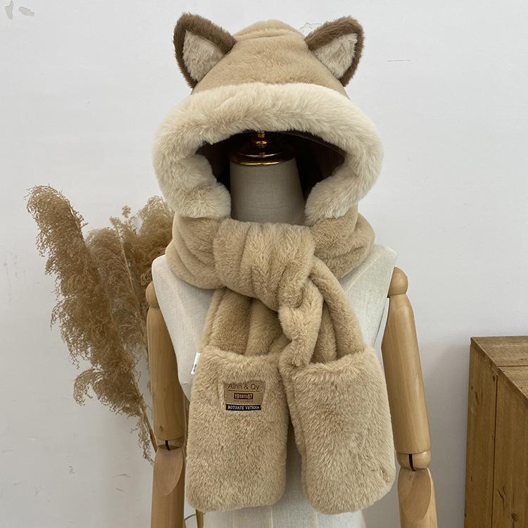 

Pointed Fox Ears Scarf Gloves Integrated Hooded Cute Warm Bag Head Hat Winter Cycling Cold Protection Ear Protection хакі