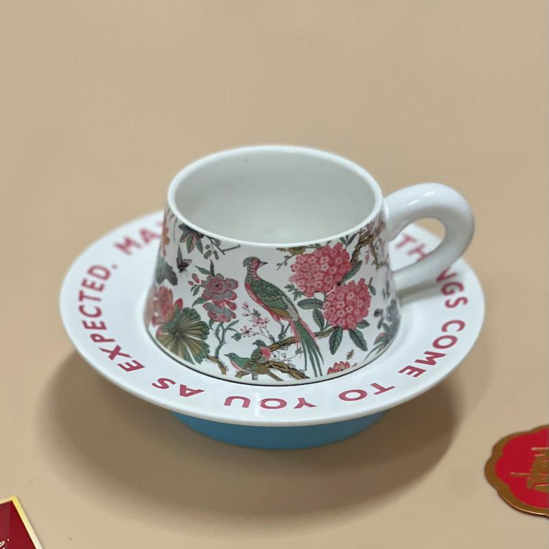 French retro ceramic mug high-end coffee cup saucer flower bird large-capacity water cup cup medieval coffee cup