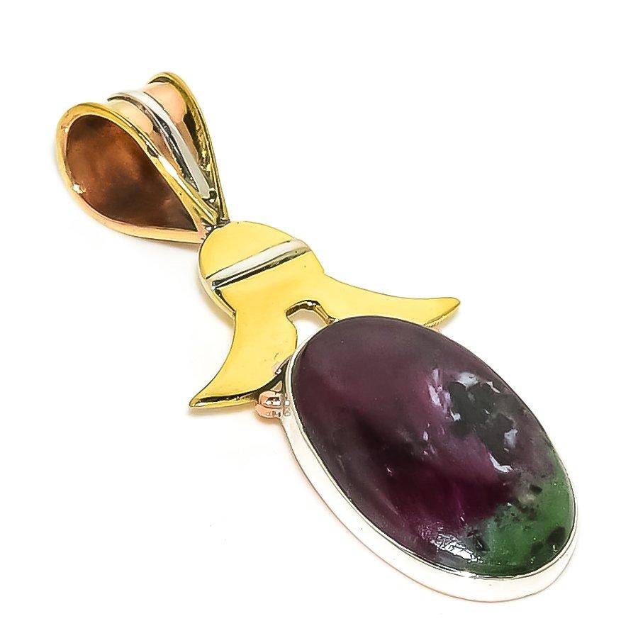 

Ruby In Zoisite Lab-Created 925 Sterling Silver Gift Two Tone Pendant 1.75 I0d52