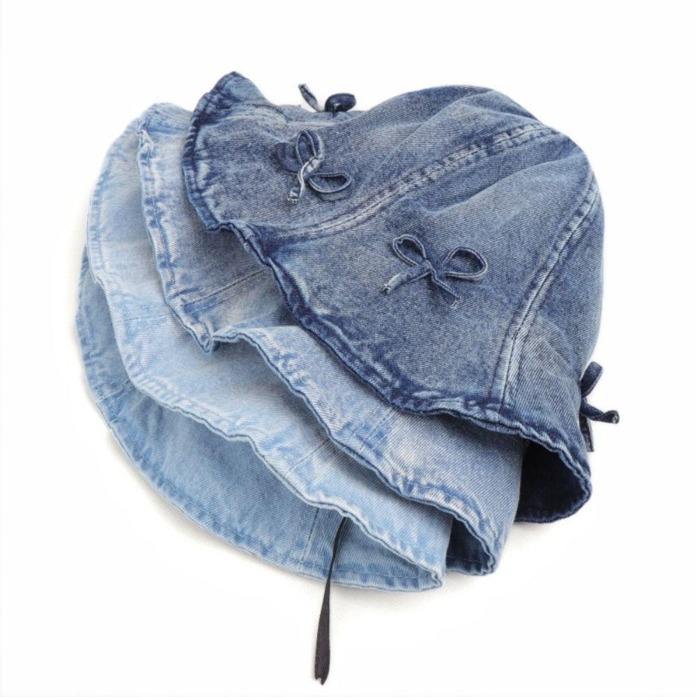 Korean Style Denim Bucket Hats Sweet Sunscreen Hat Cute Bow Fisherman Hat Summer Spring