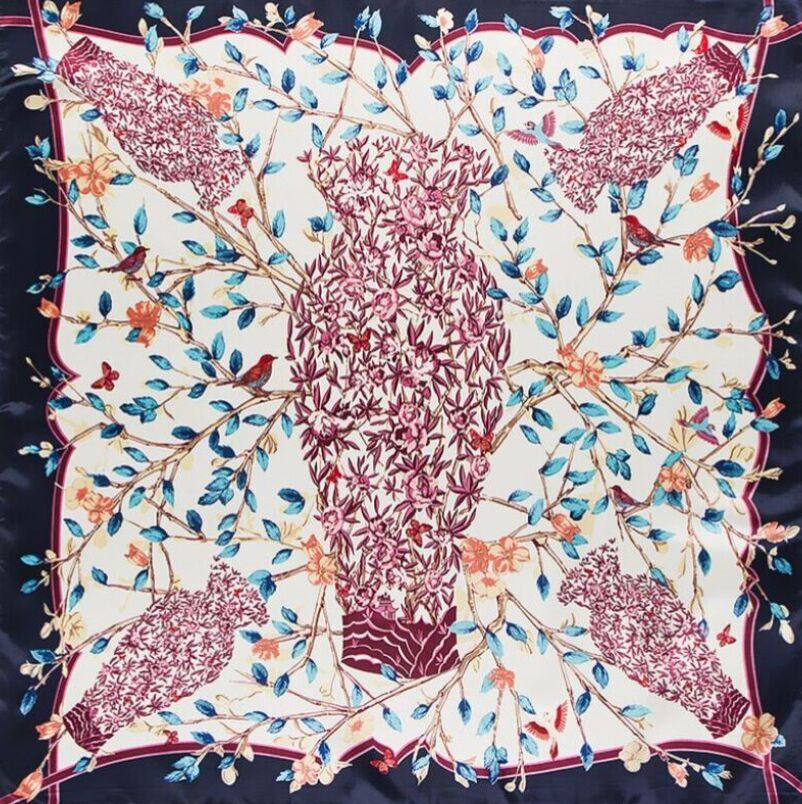 90*90cm  Luxury Brand Women Chinese Silk Floral  Scarfs Female European Style Square Scarves Spring Summer Shawls For Ladies