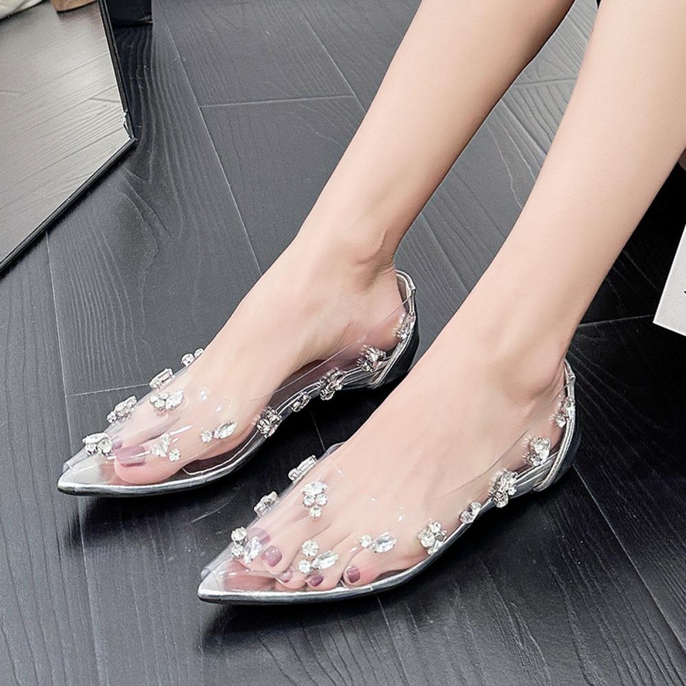 Fashion Crystal Pumps Women's 2025 Summer Banquet Red Bottom Fine Heel Flat Shoes Silver Transparent Water Diamond High Heels Womens