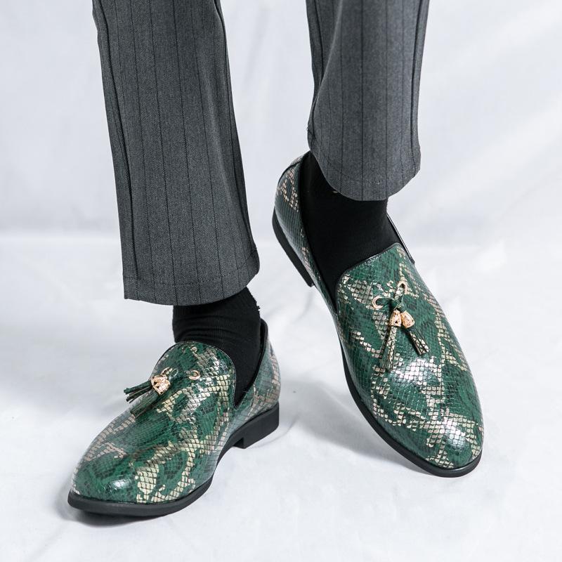 Large size men's feet, fringed pointed leather shoes, dress casual shoes, snake pattern loafers, British style men's shoes