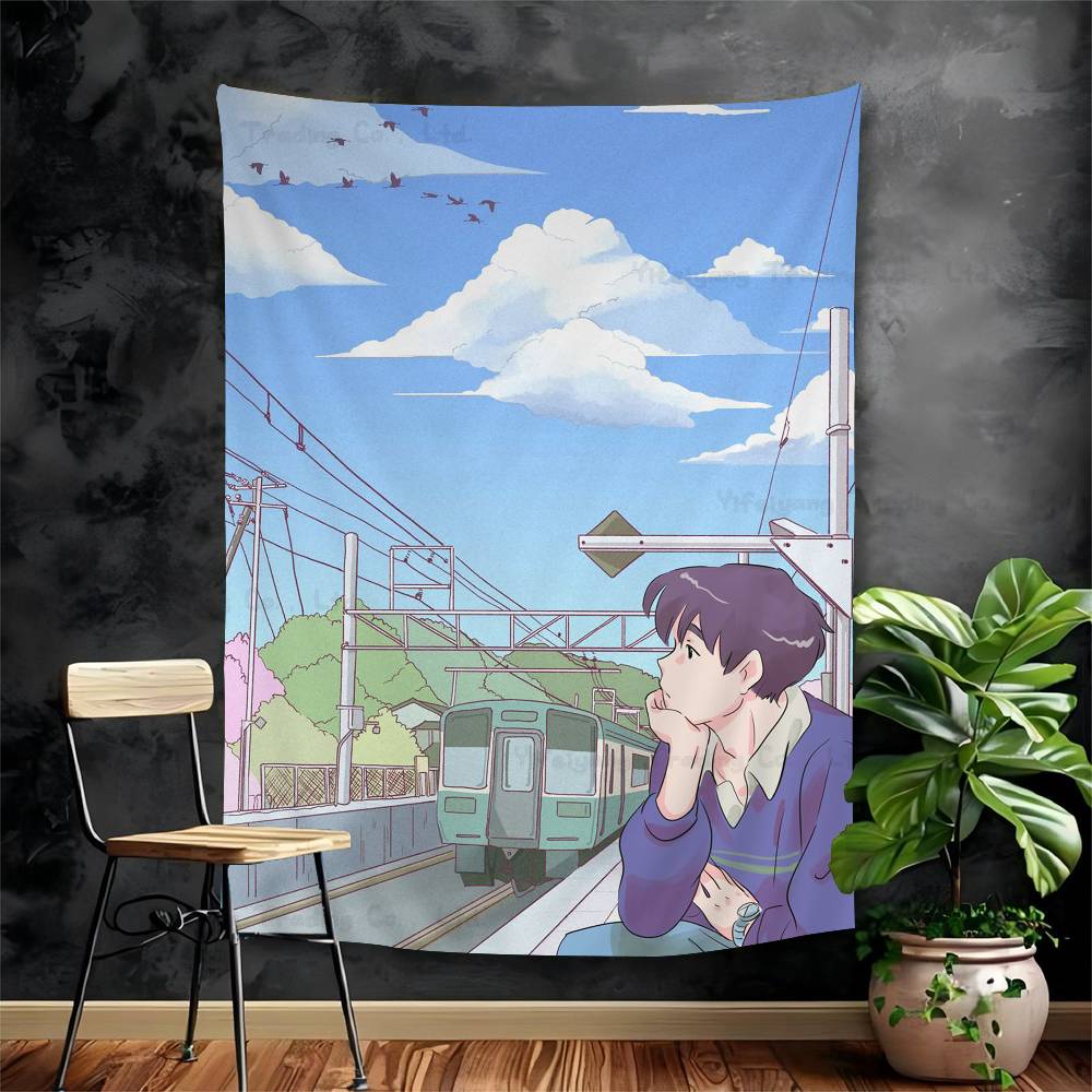 Japanese Street Train Scenery Sakura Cartoon Tapestry Art Science Fiction Room Home Decor Wall Hanging Home Decor