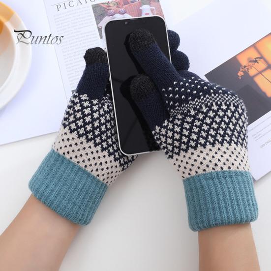 Winter Gloves 1 Pair Thickened Warm Full Fingers Touch Screen Ribbed Cuffs Women Striped Splicing Double Layer Fleece Lining Knitting for Cold Weather