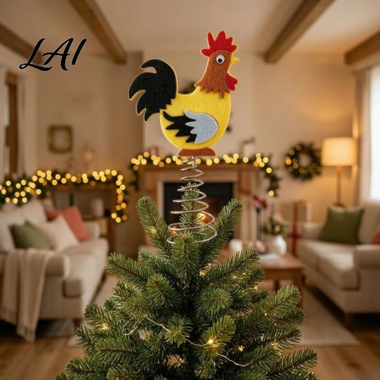 Farmhouse Cork Decoration Felt Rooster Christmas Tree Topper Xmas Top Cock Decoration Decor Animal Topper with Metal Spring Base Party Supplies
