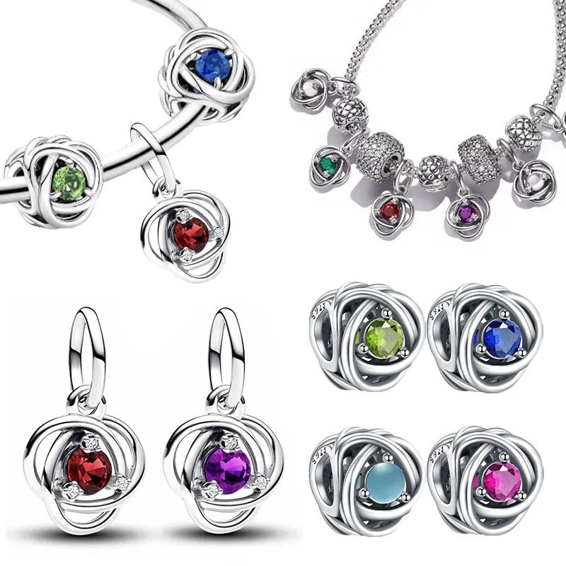 Silver S925 Twelve Month Birthstone Heart Eternity Charms Beads Pendant Fit Original Bracelet for Women DIY Fine Jewelry